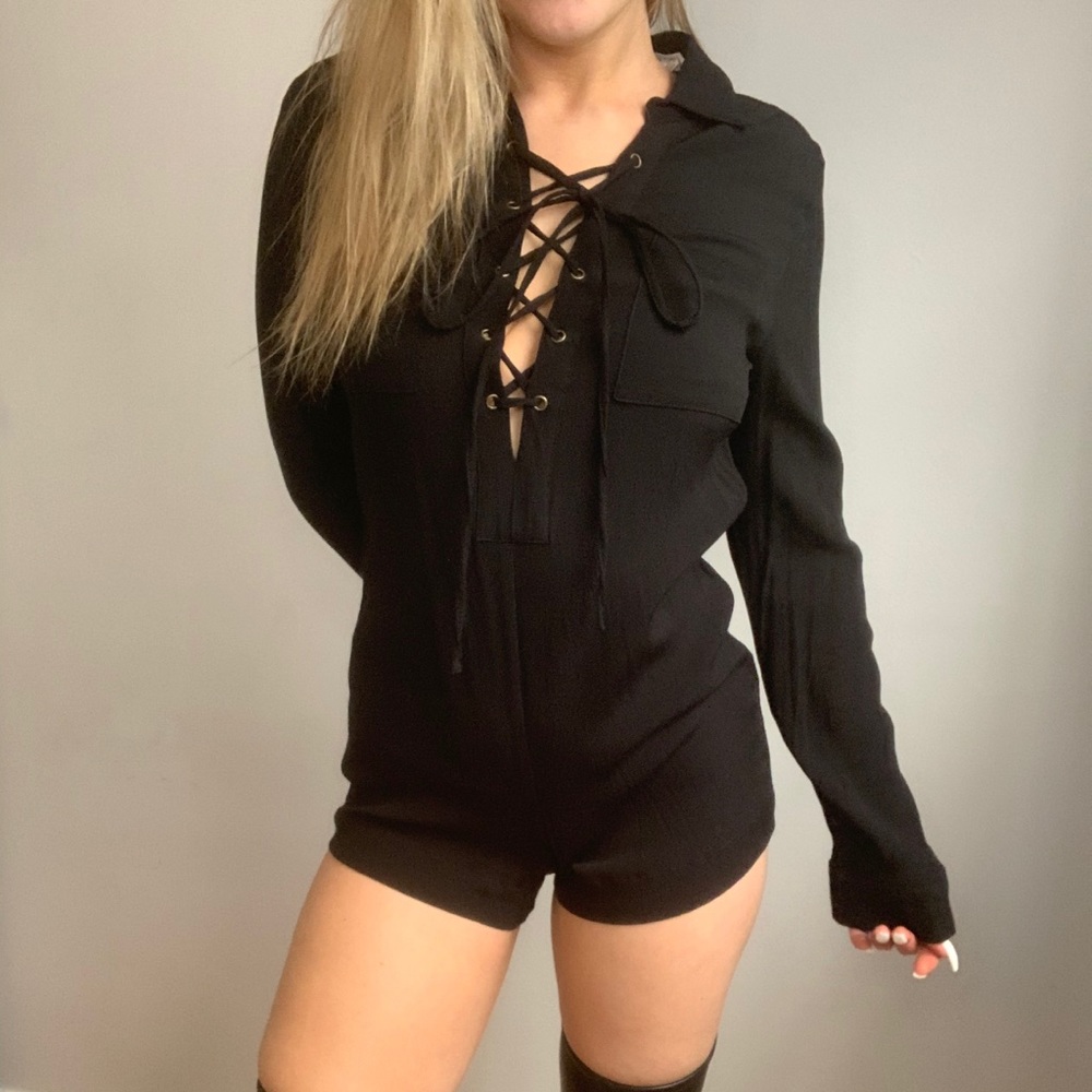 Black lace up romper
